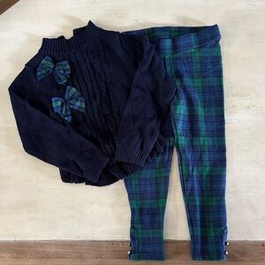 Janie and Jack Navy Sweater and Plaid Leggings Set